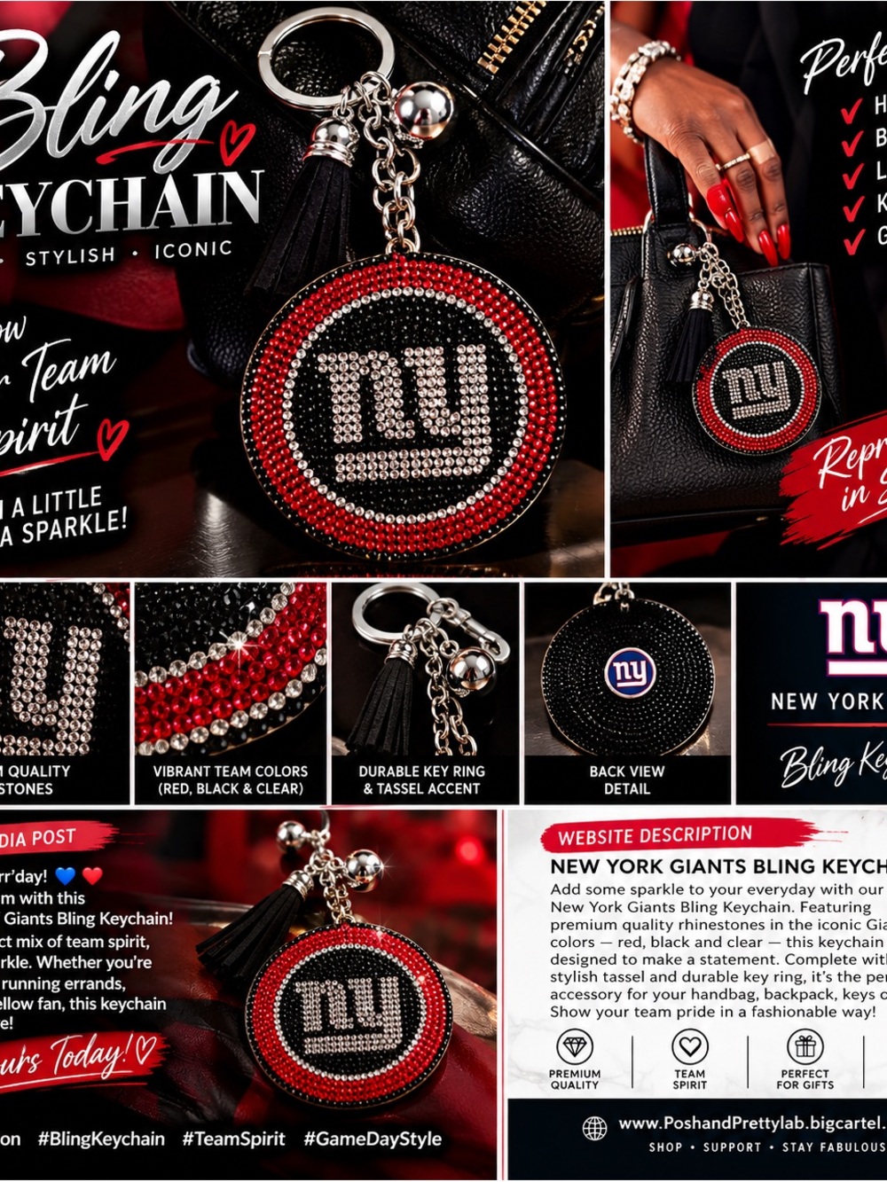 NY Giants Bling Keychain - Red & Black